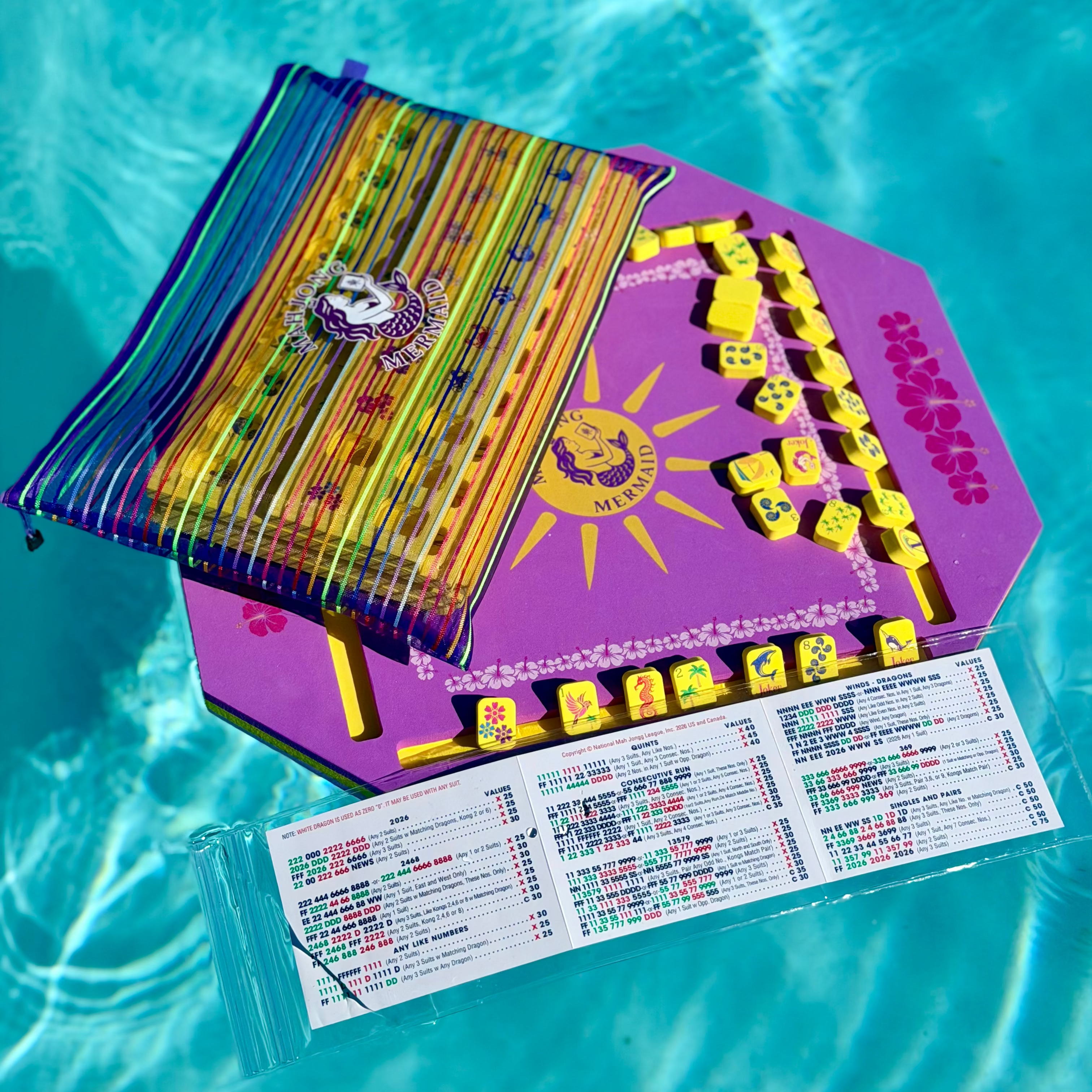 Purple floating mahjong mat, yellow floating mahjong tiles with colorful striped mesh tile bag, waterproof mahjong card protector