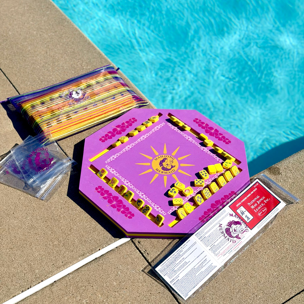 Purple floating mahjong mat, yellow floating mahjong tiles with colorful striped mesh tile bag, waterproof mahjong card protectors