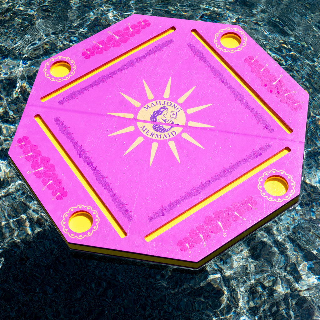 Purple and yellow octagonal floating pool mahjong mat with floral design