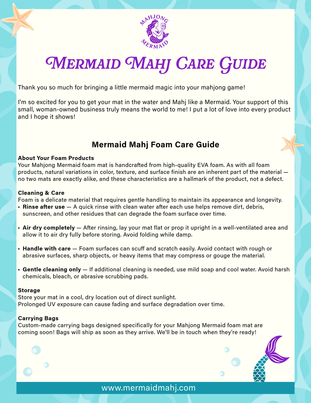 Mermaid Mahj Care Guide + Mermaid Bubbles Card - Digital Download