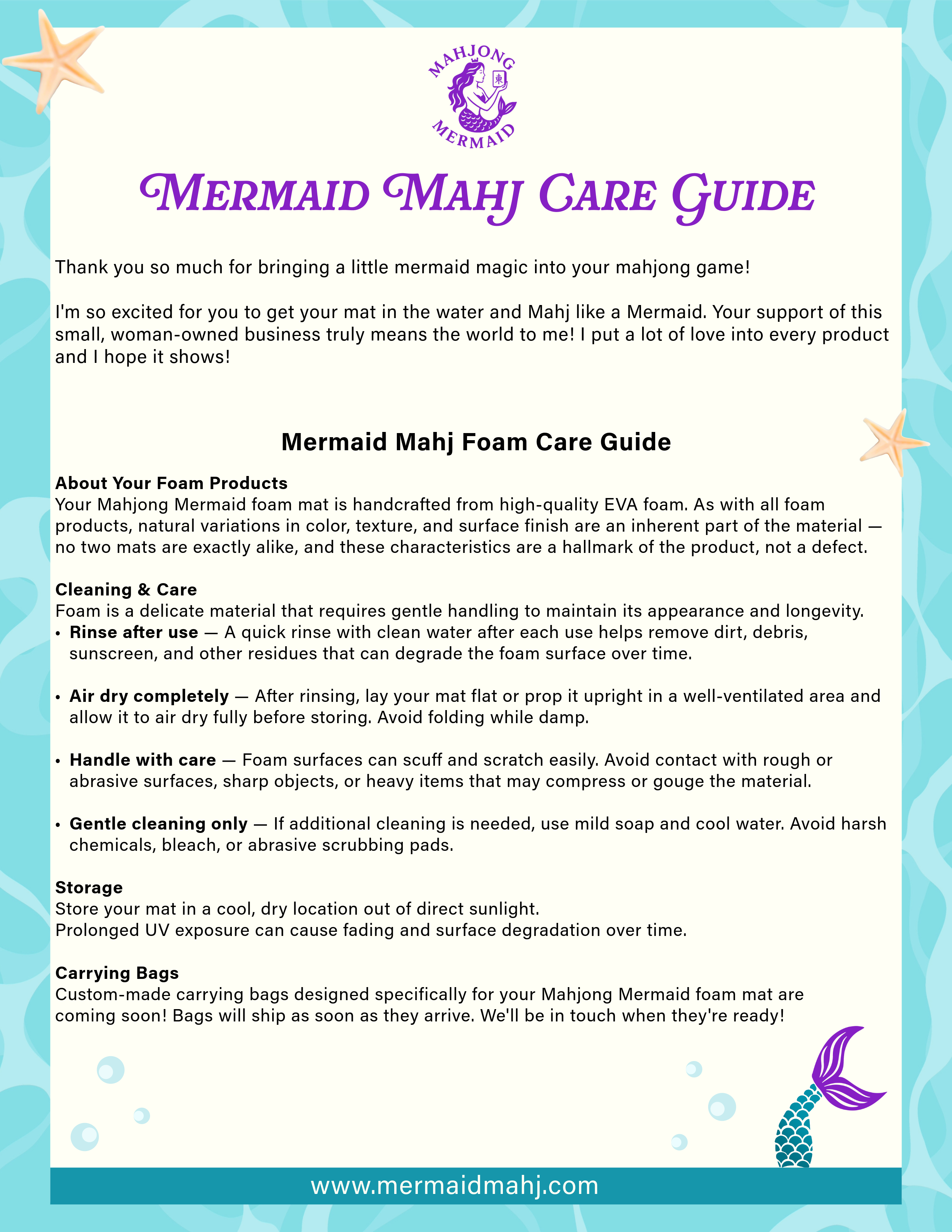 Mermaid Mahj Care Guide + Mermaid Bubbles Card - Digital Download