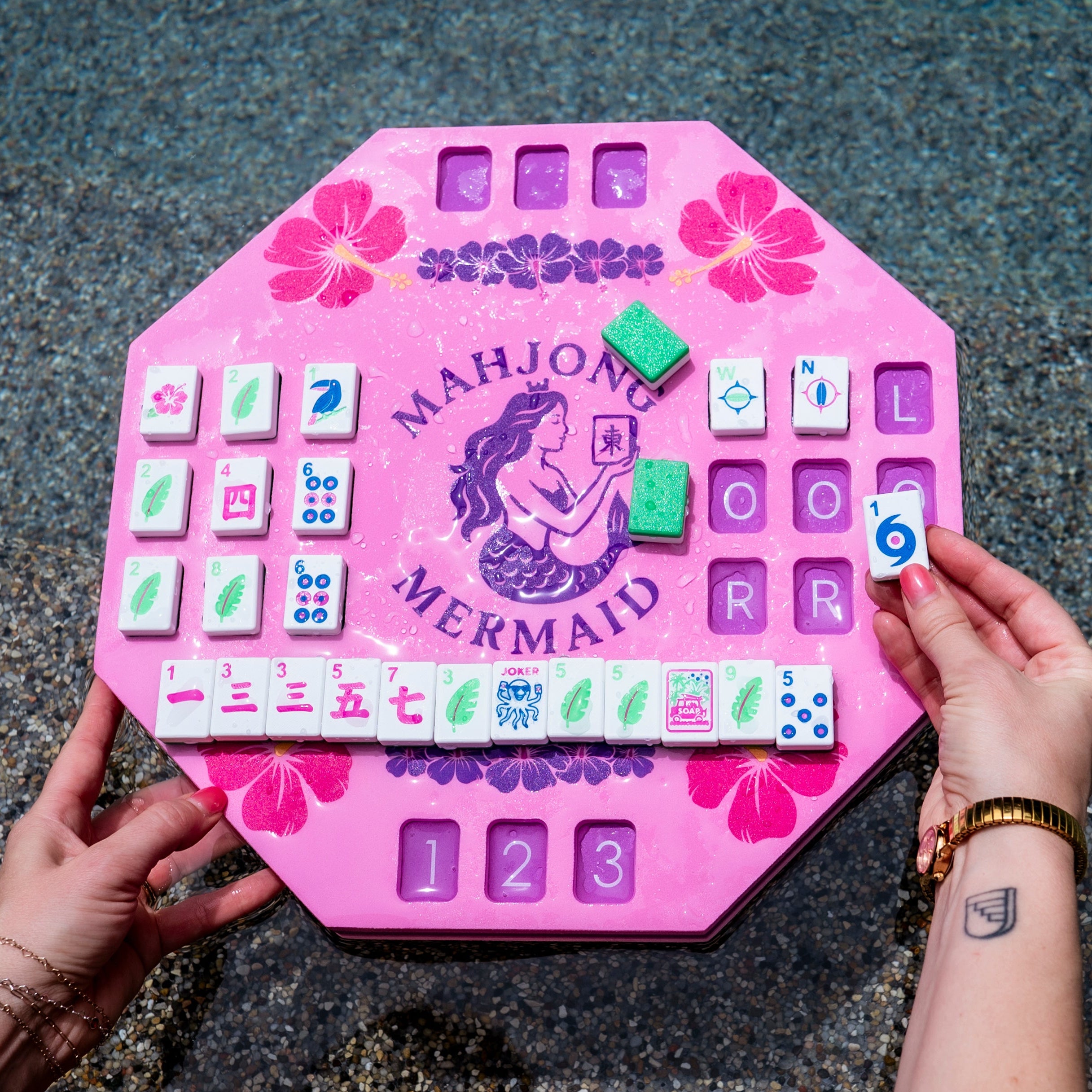 Pink Mahjong Mermaid Solo Mahj Board is a waterproof foam board for solo mahjong poolside or at home. 