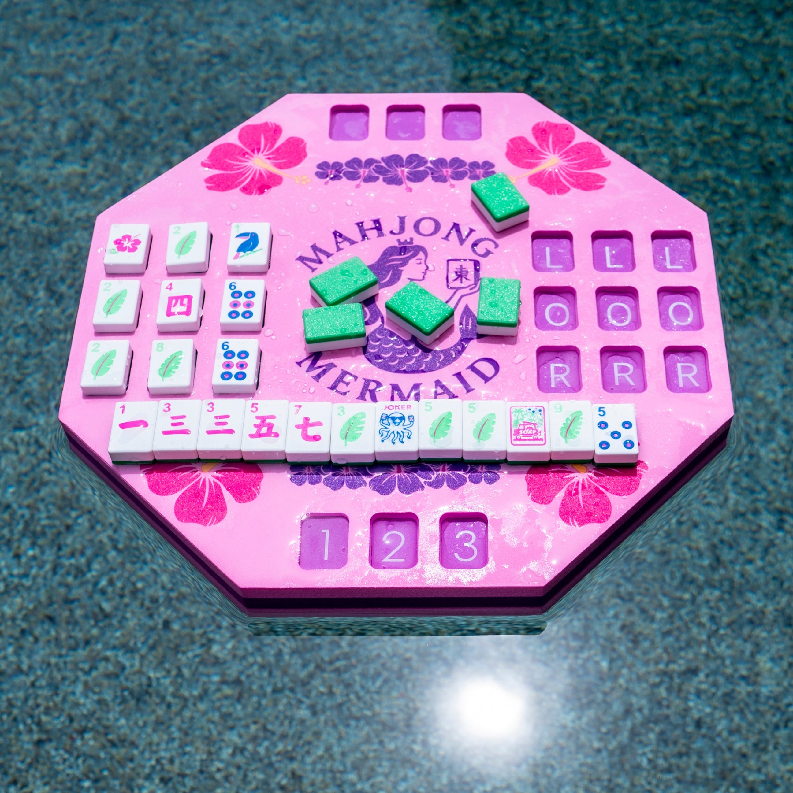 Pink Mahjong Mermaid Solo Mahj Board is a waterproof foam board for solo mahjong poolside or at home. 