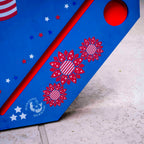 red, white, and blue floating mahjong mat showing rack and cupholder with mahjong mermaid logo