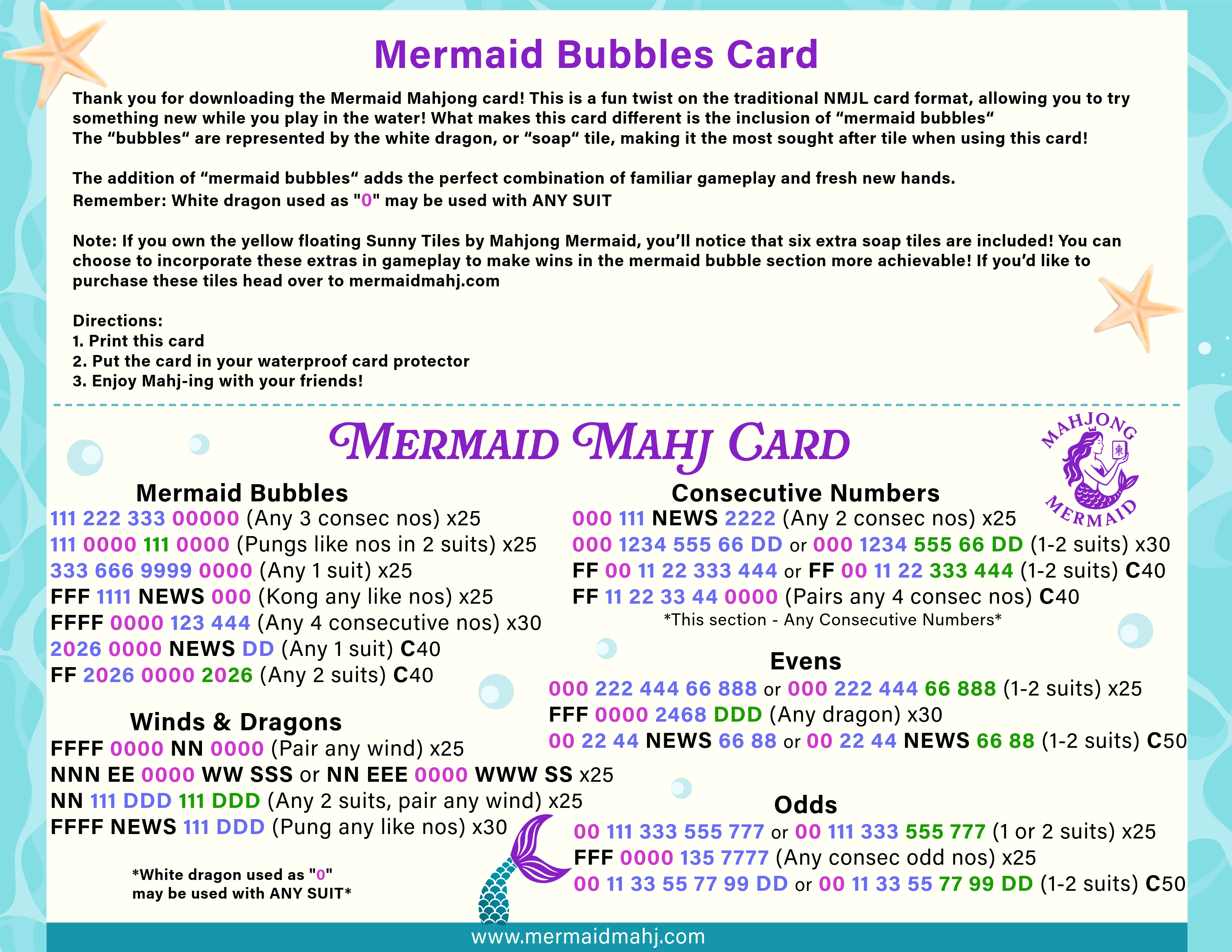 Mermaid Mahjong alternate card and instructions. Sunny Tiles extra tile explanation.